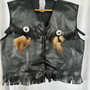 Costume Black Leather Fringe Vest with Feather Accents